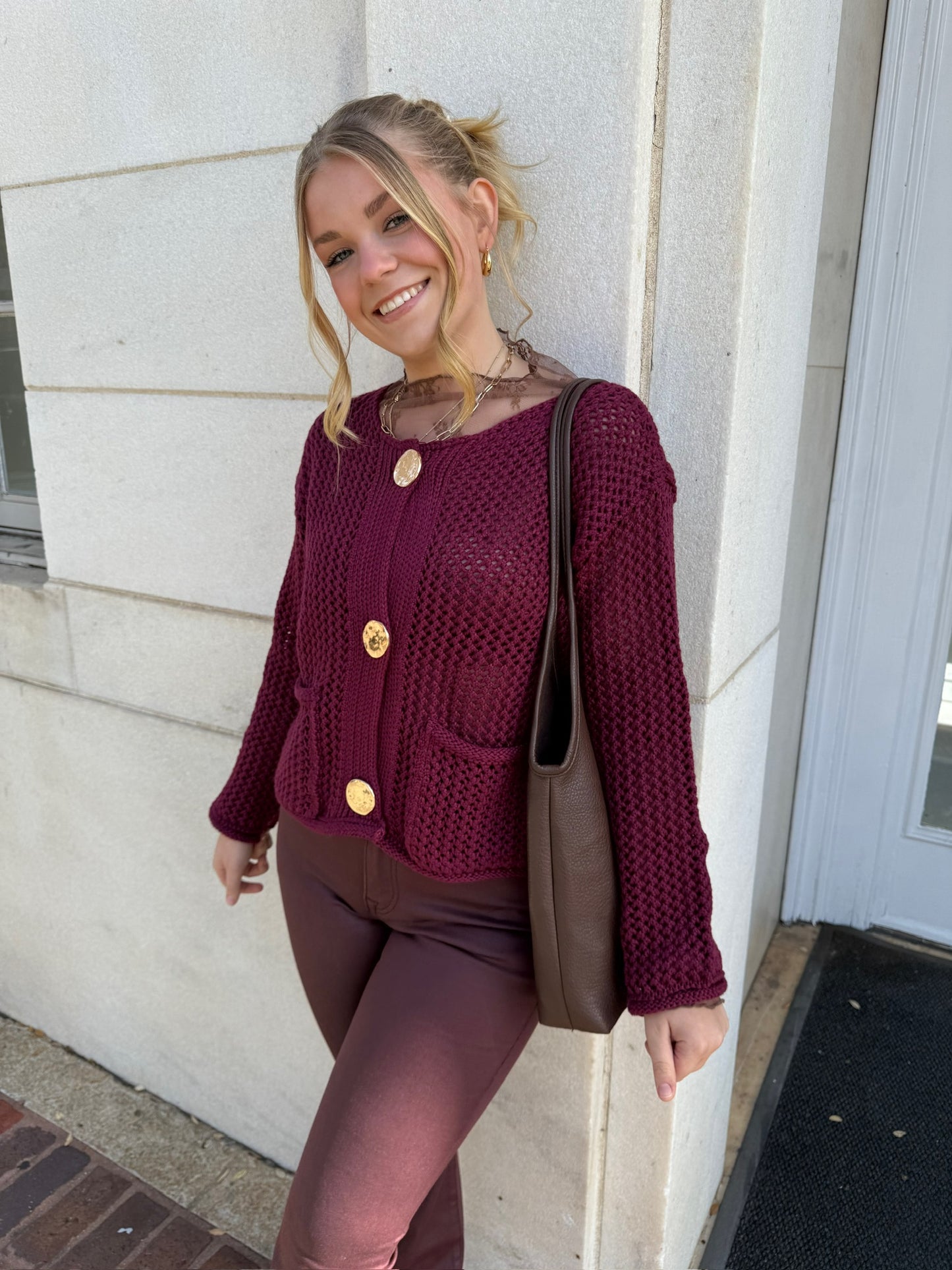 CRANBERRY  BUTTON DOWN CROP CARDIGAN