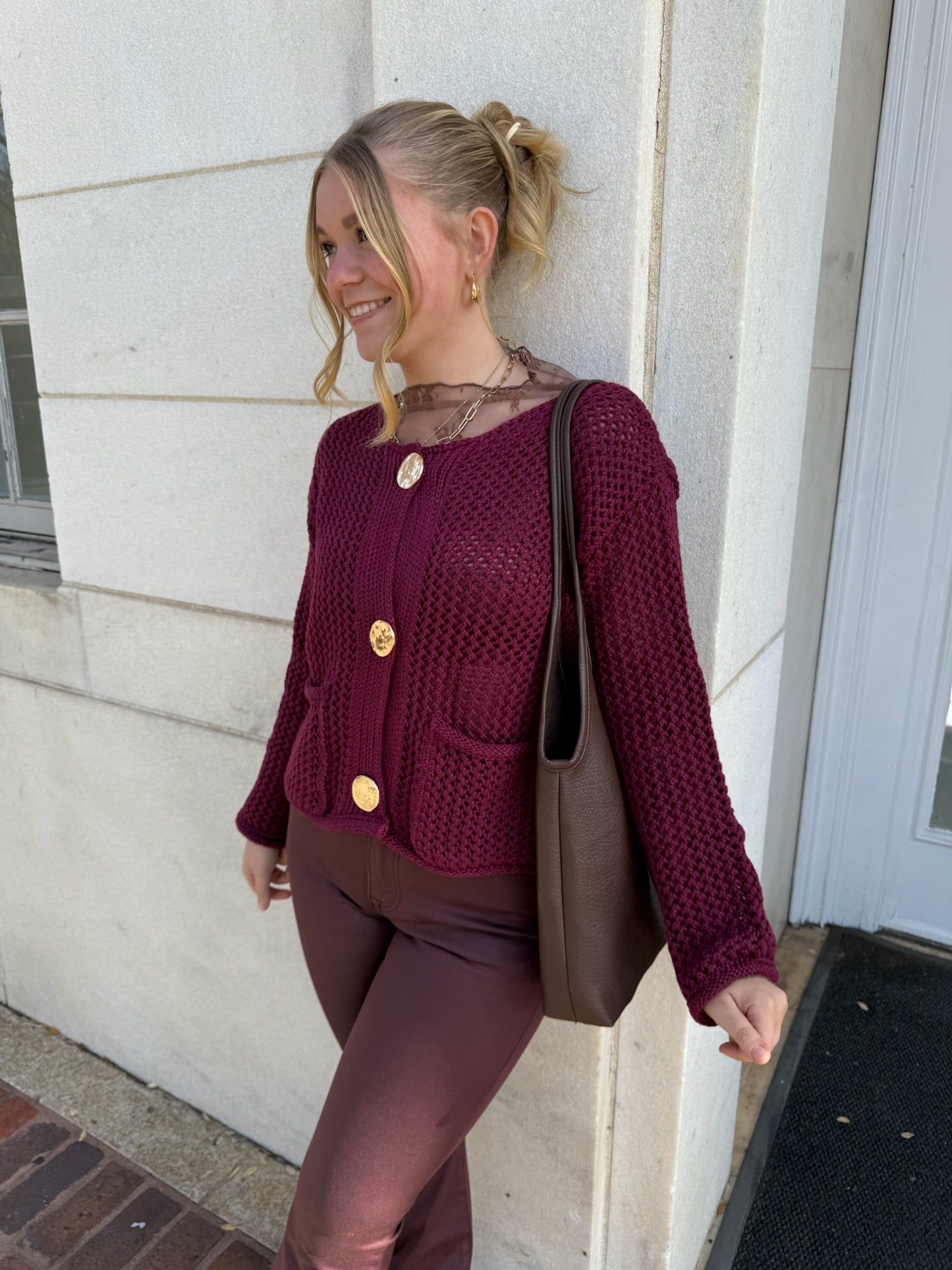 CRANBERRY  BUTTON DOWN CROP CARDIGAN