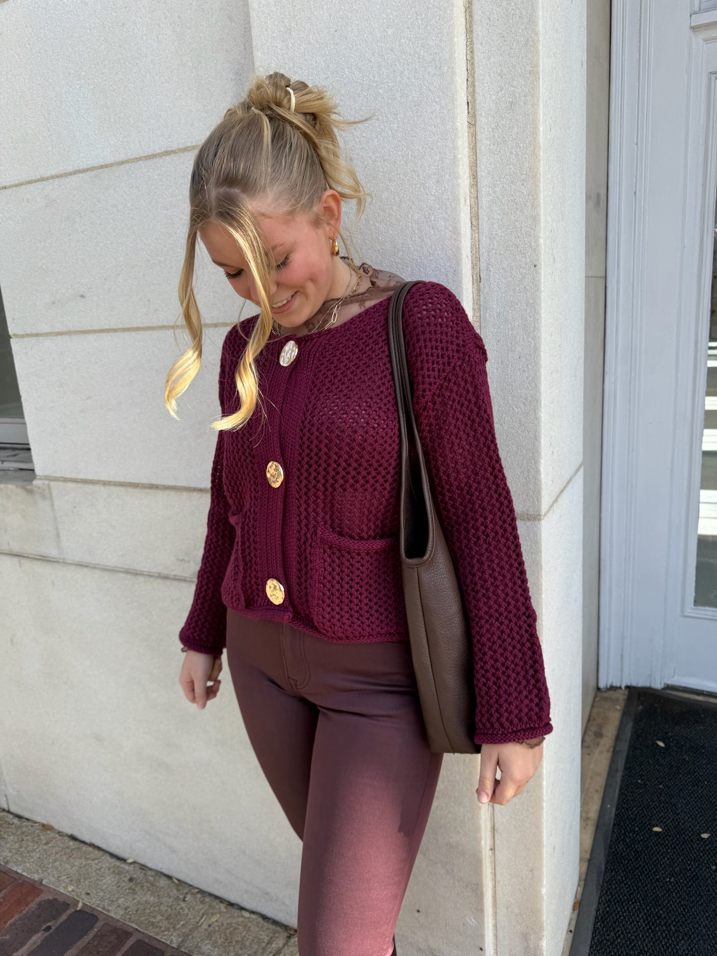 CRANBERRY  BUTTON DOWN CROP CARDIGAN