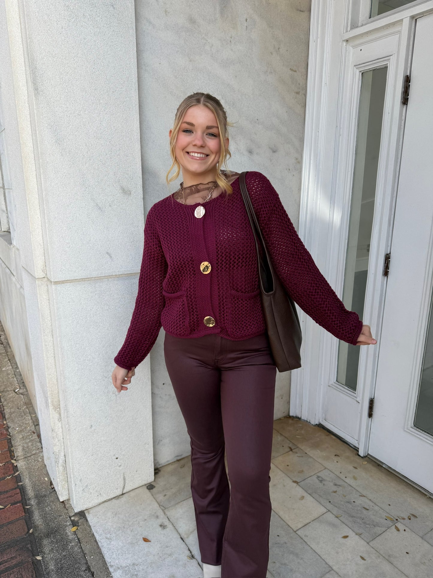 CRANBERRY  BUTTON DOWN CROP CARDIGAN