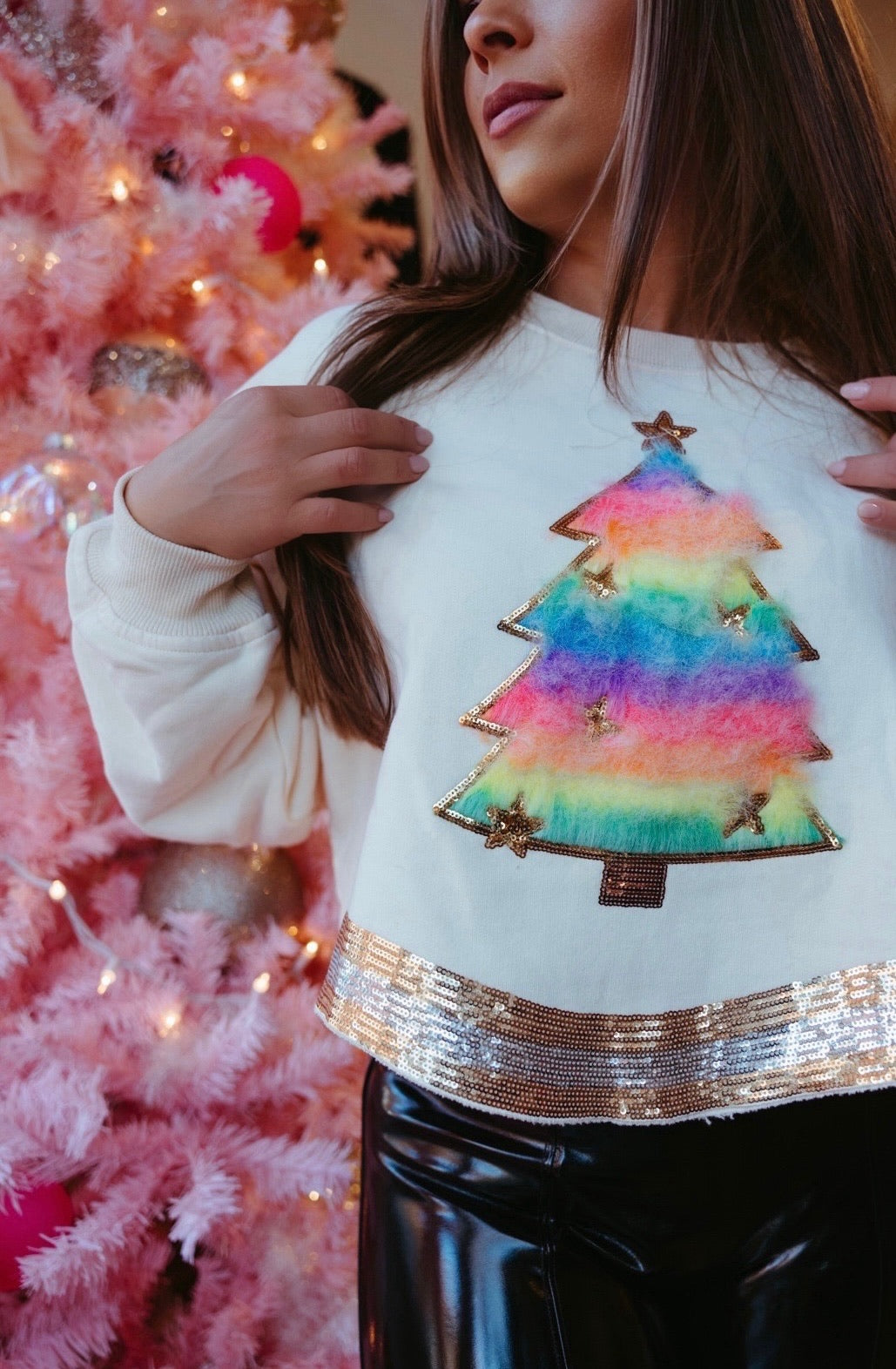 Sequin Outline Faux Fur Christmas Tree Sweatshirt