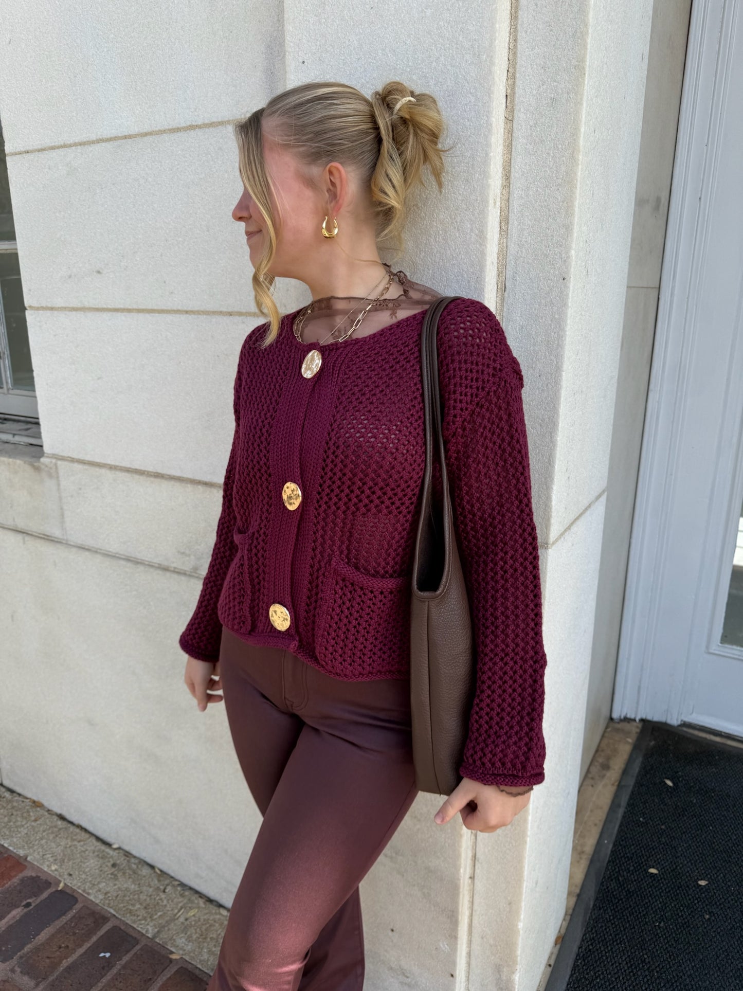 CRANBERRY  BUTTON DOWN CROP CARDIGAN