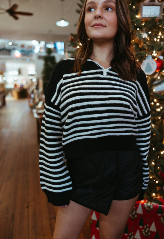 JANE STRIPED LONG SLEEVE V-NECK COLLARED SWEATER
