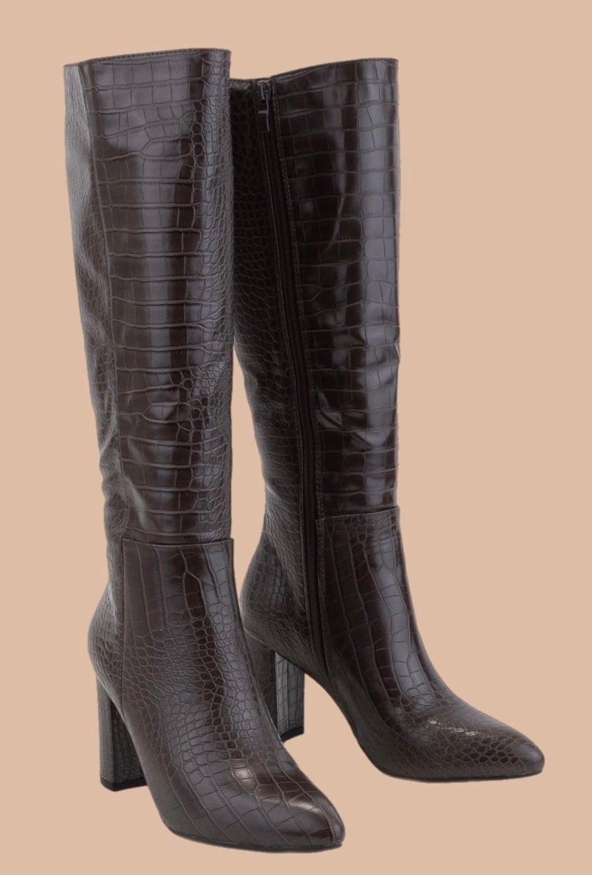 MAY CROC PATENT POINTED-TOE SLIM FIT BOOTS