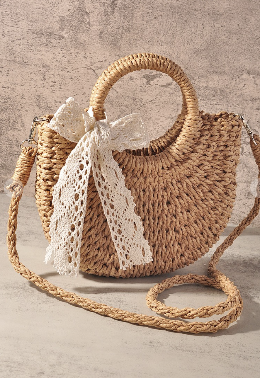 TATTAN STRAW ROUND HAND CROSSBODY TOTE BAG