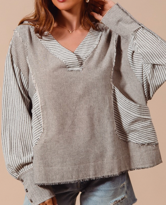 LOOSE FIT PIN STRIPE V NECK BLOUSE TOP