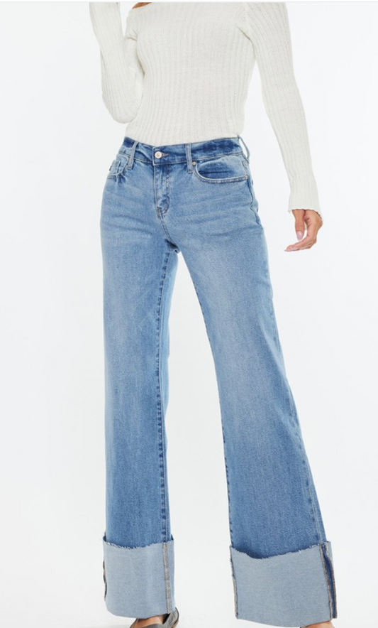 MID RISE WIDE CUFF FLARE JEANS